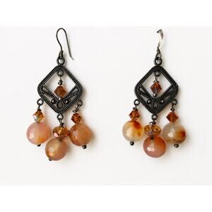 Sterling Silver Carnelian Agate Crystal Chandelier Earrings Boho Artisan Dangle